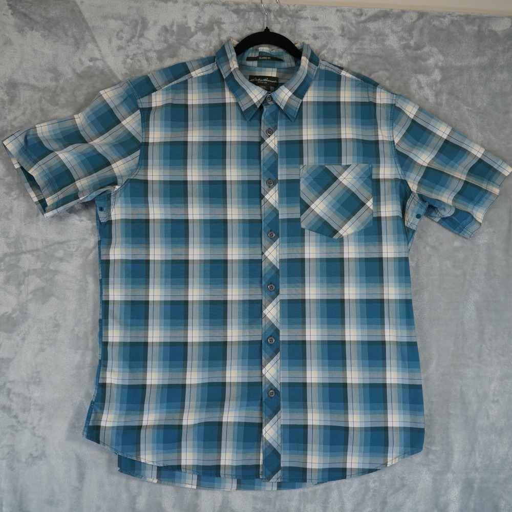 Eddie Bauer Button Up Shirt Mens XL Blue Plaid Casual Classic Fit‎ Vented Pits